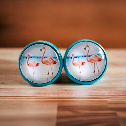 Flamingo Stud Earrings – Tropical Beach Jewelry in Teal Bezel Setting