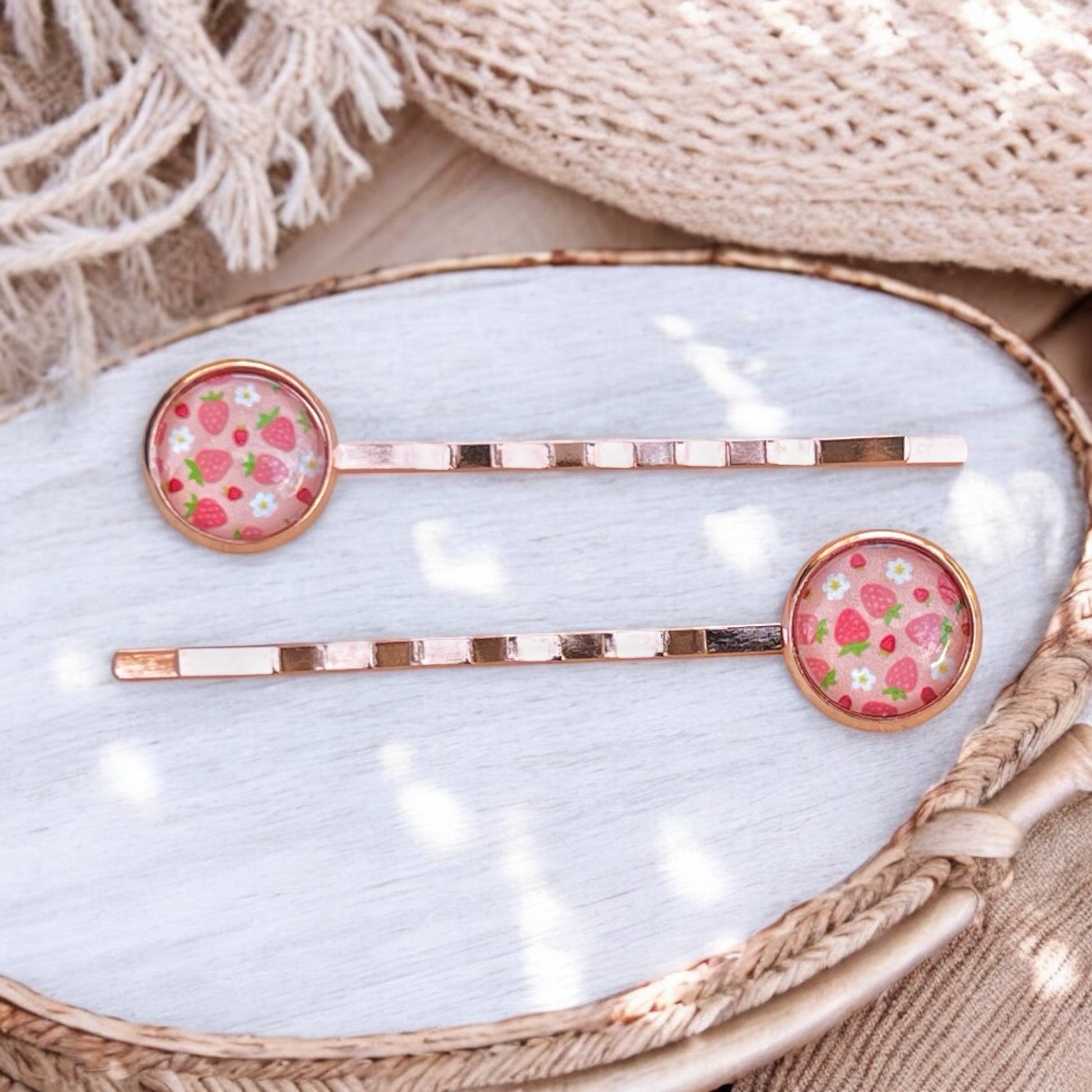 Pink Strawberry Hair Pins – Set of 2 Rose Gold Fruit-Inspired Accessories