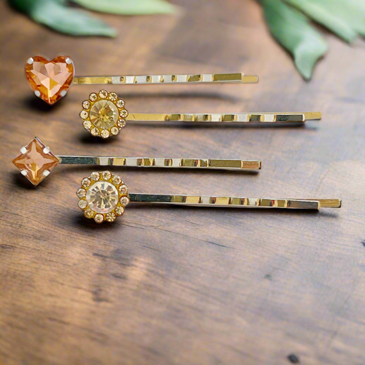 Pink Heart Rhinestone Hair Pins - Romantic Floral Bobby Pins