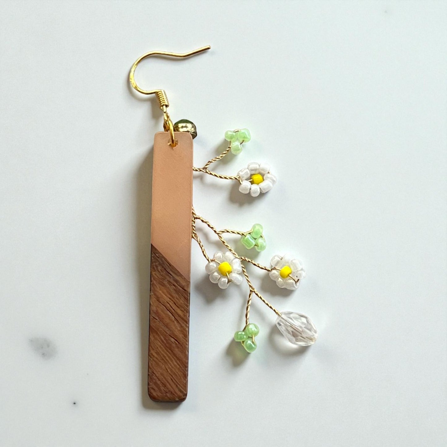 Daisy Vine Wood & Blush Bar Earrings – Boho Nature Dangle Jewelry