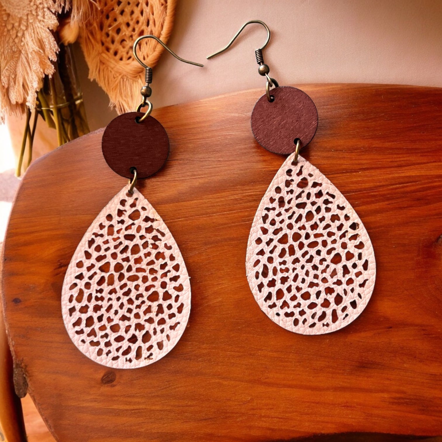 Wood & Off-White Leather Earrings – Natural Boho Chic Jewelry