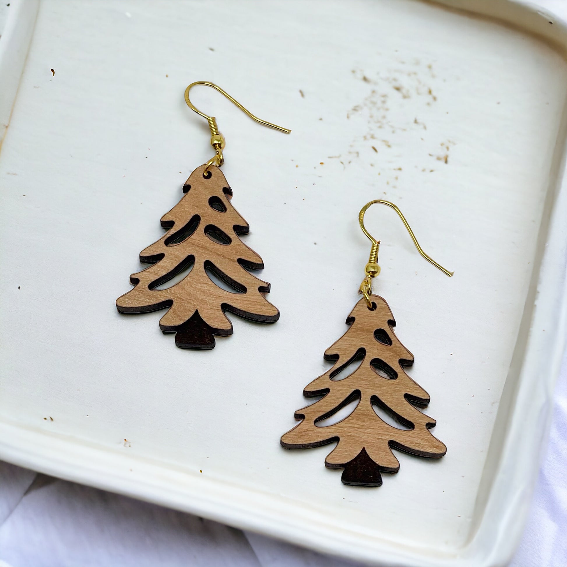 Rustic Tree Cutout Earrings – Wooden Christmas Tree Dangle Earrings