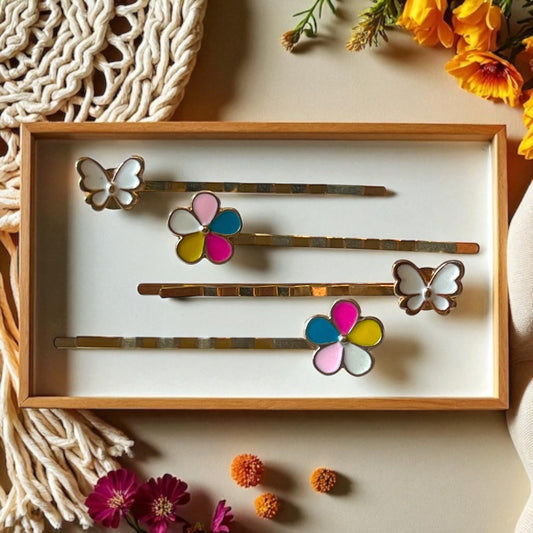 Colorful Flower & Butterfly Hair Pin Set – Handmade Whimsical Clips