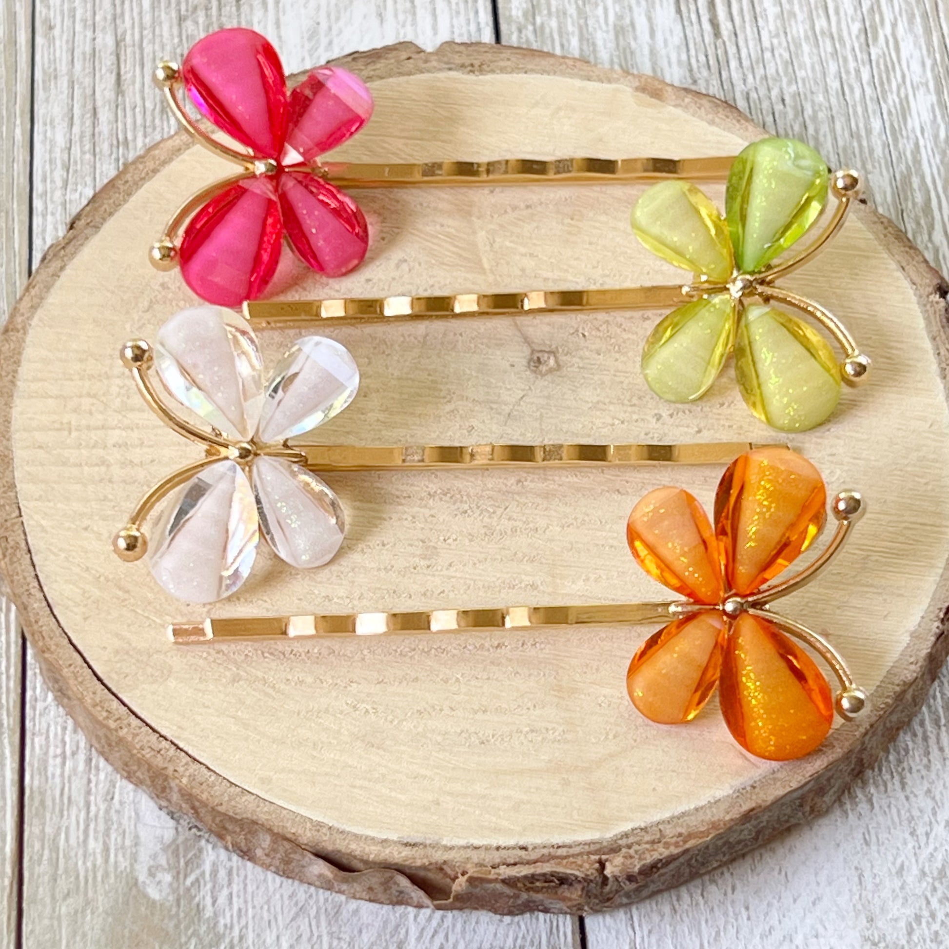 Colorful Butterfly Hair Pins – Glitter Resin Clips in Gold Set of 4