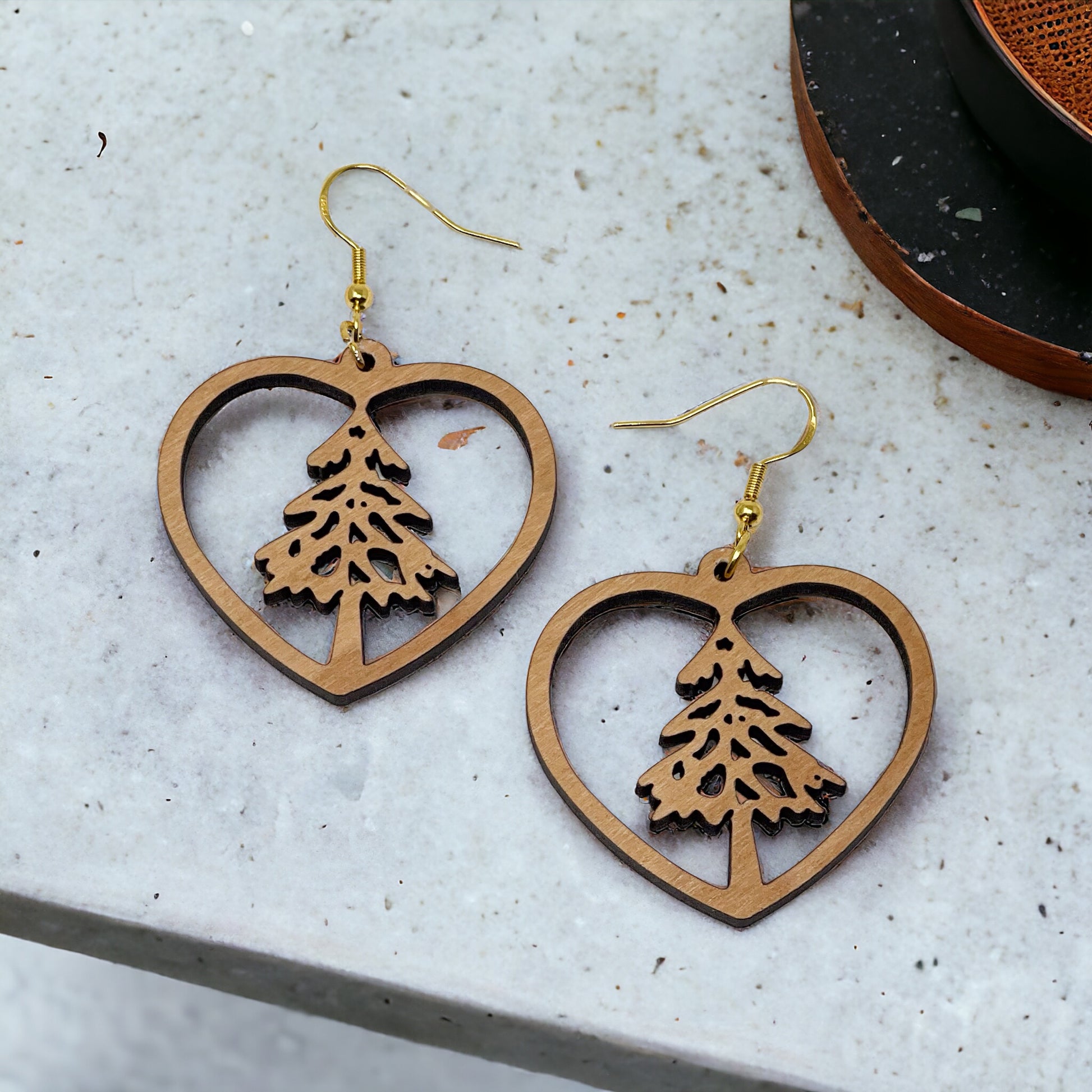 Heart Tree Cutout Earrings – Wooden Christmas Forest Dangles with Gold Hooks