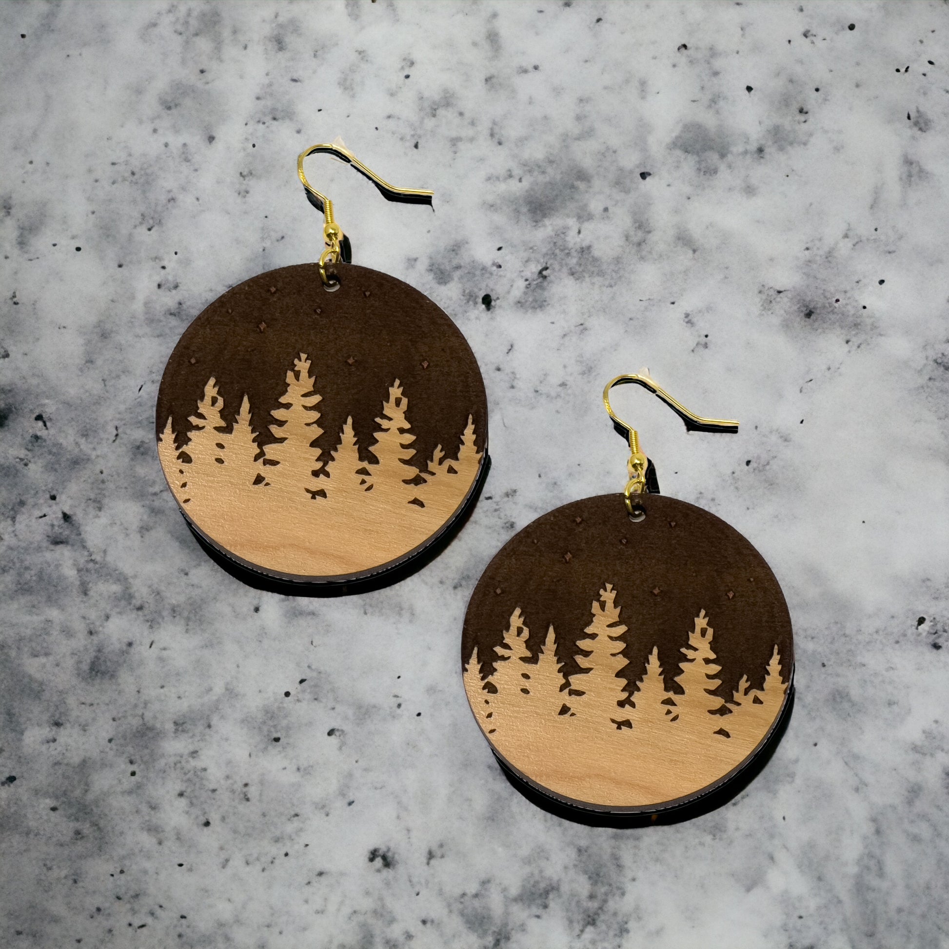 Starry Forest Circle Earrings – Dark Wood Nighttime Tree Line Jewelry