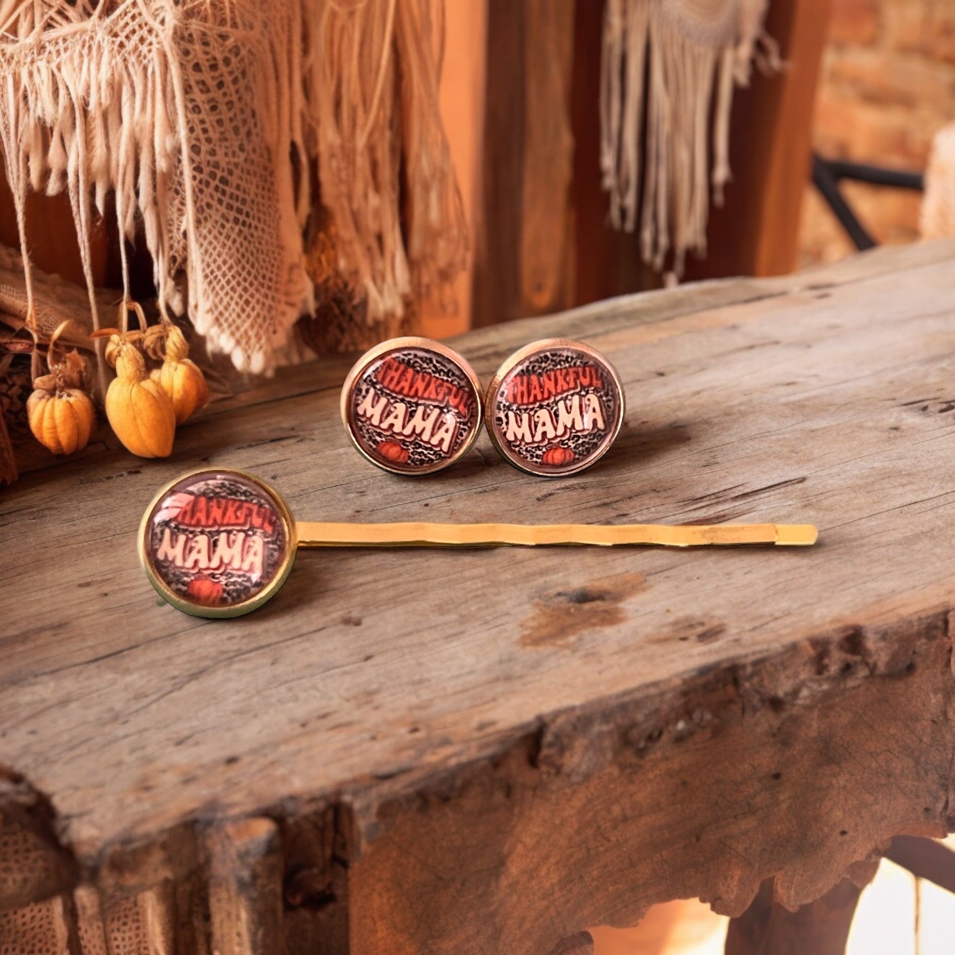 Thankful Mama Fall Thanksgiving Gold Hair Pin & Earring Set