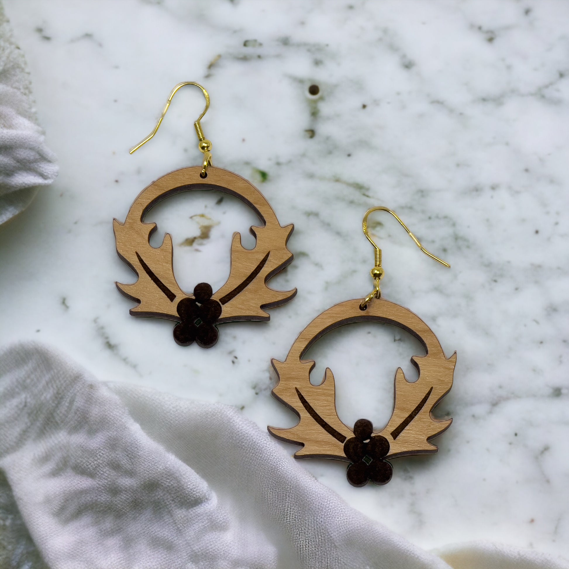 Wooden Holly Wreath Earrings – Holiday Leaf & Berry Laser Cut Jewelry