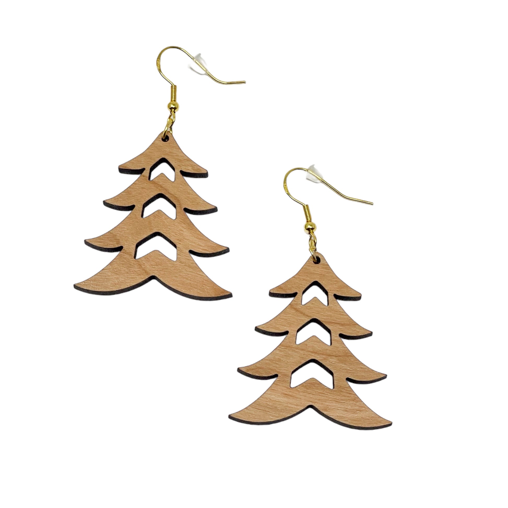 Rustic Tree Cutout Earrings – Wooden Christmas Tree Dangle Earrings