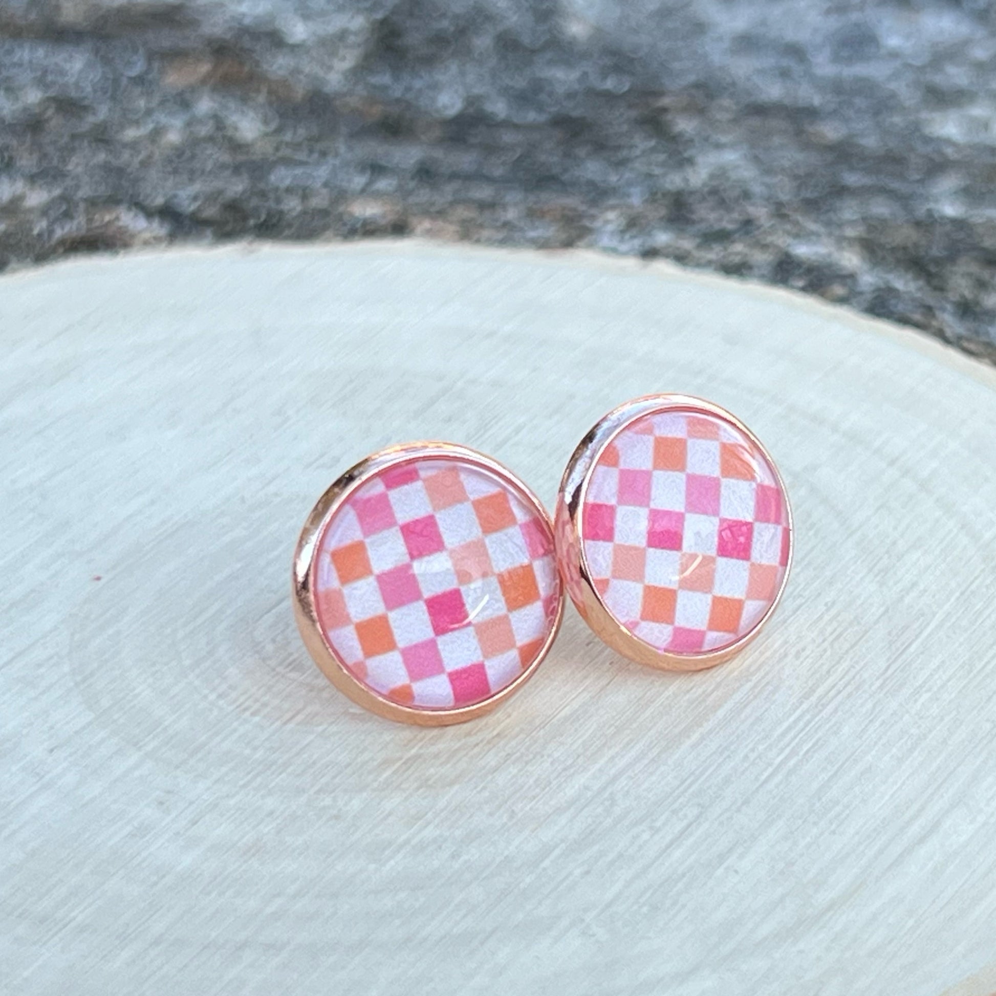 Pink & Orange Gingham Stud Earrings – Handmade Spring Jewelry