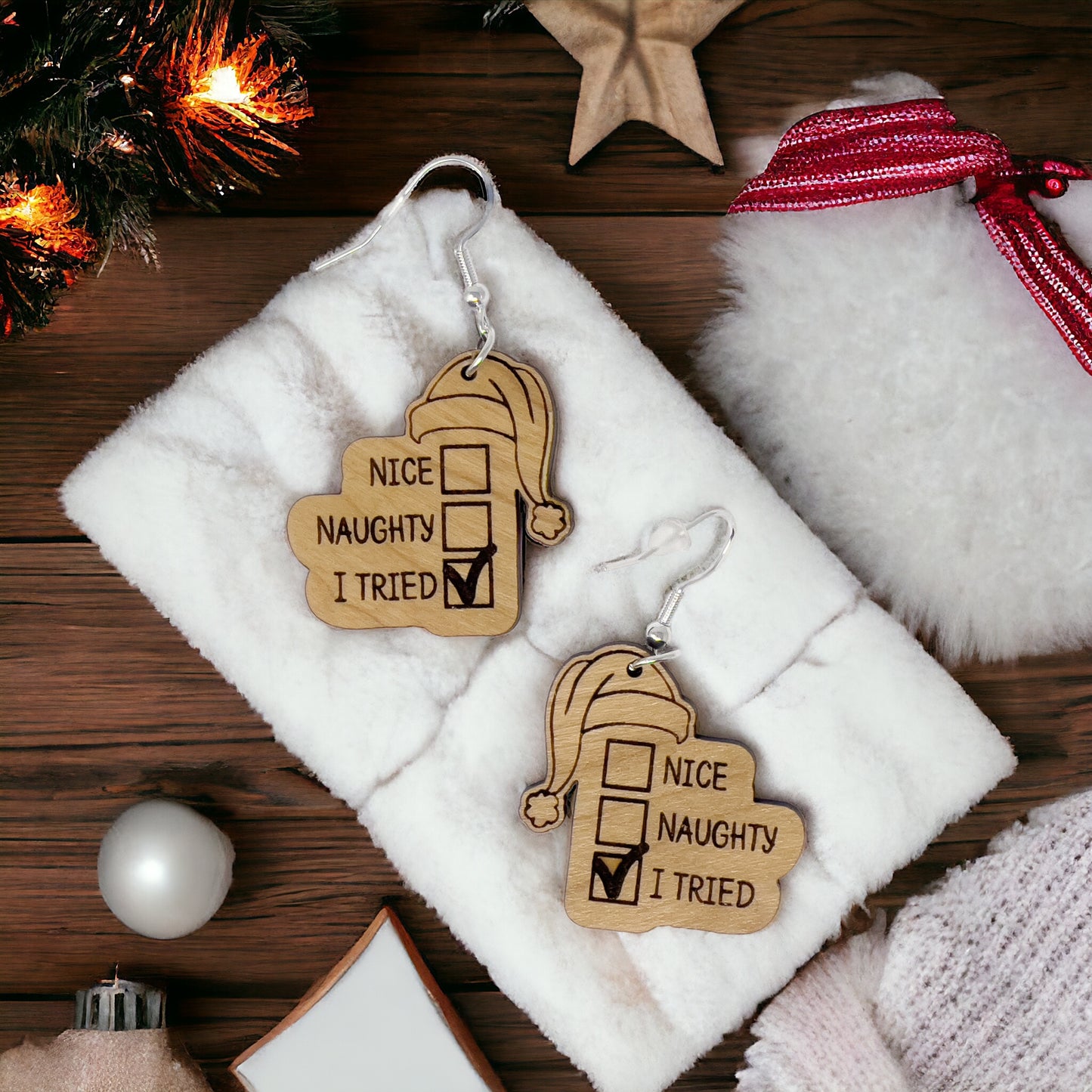 Funny Holiday Checklist Earrings – “I Tried” Santa Hat Wood Earrings