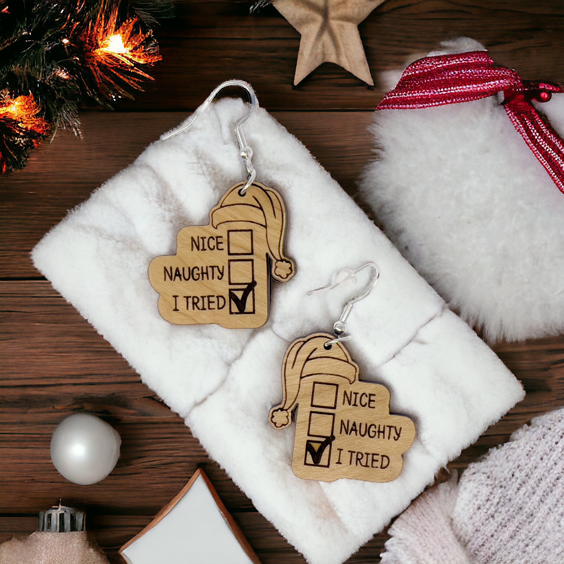 Funny Holiday Checklist Earrings – “I Tried” Santa Hat Wood Earrings