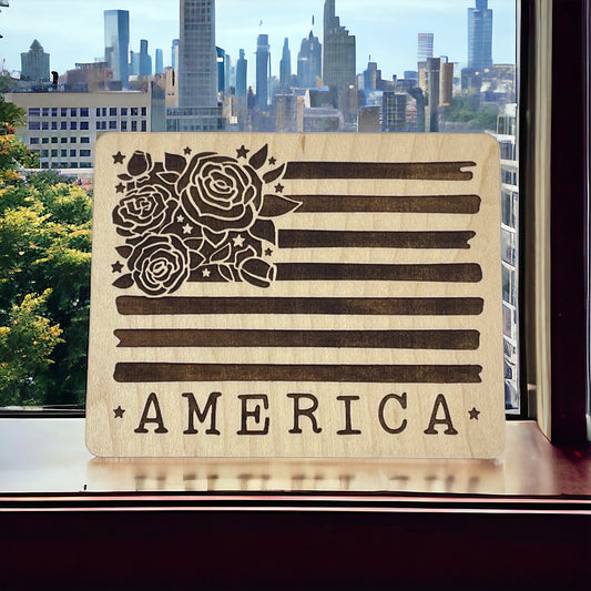 USA Flag Magnet for Home Work School Office, Patriotic Decor Gift, Floral United States Flag Paintable Magnet, Boho Flower Wood Decoration