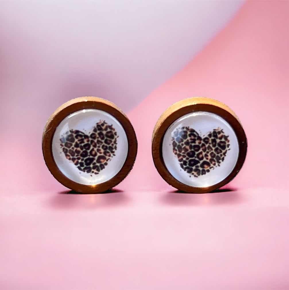 Wooden Leopard Print Heart Stud Earrings – Wild & Playful Statement Jewelry