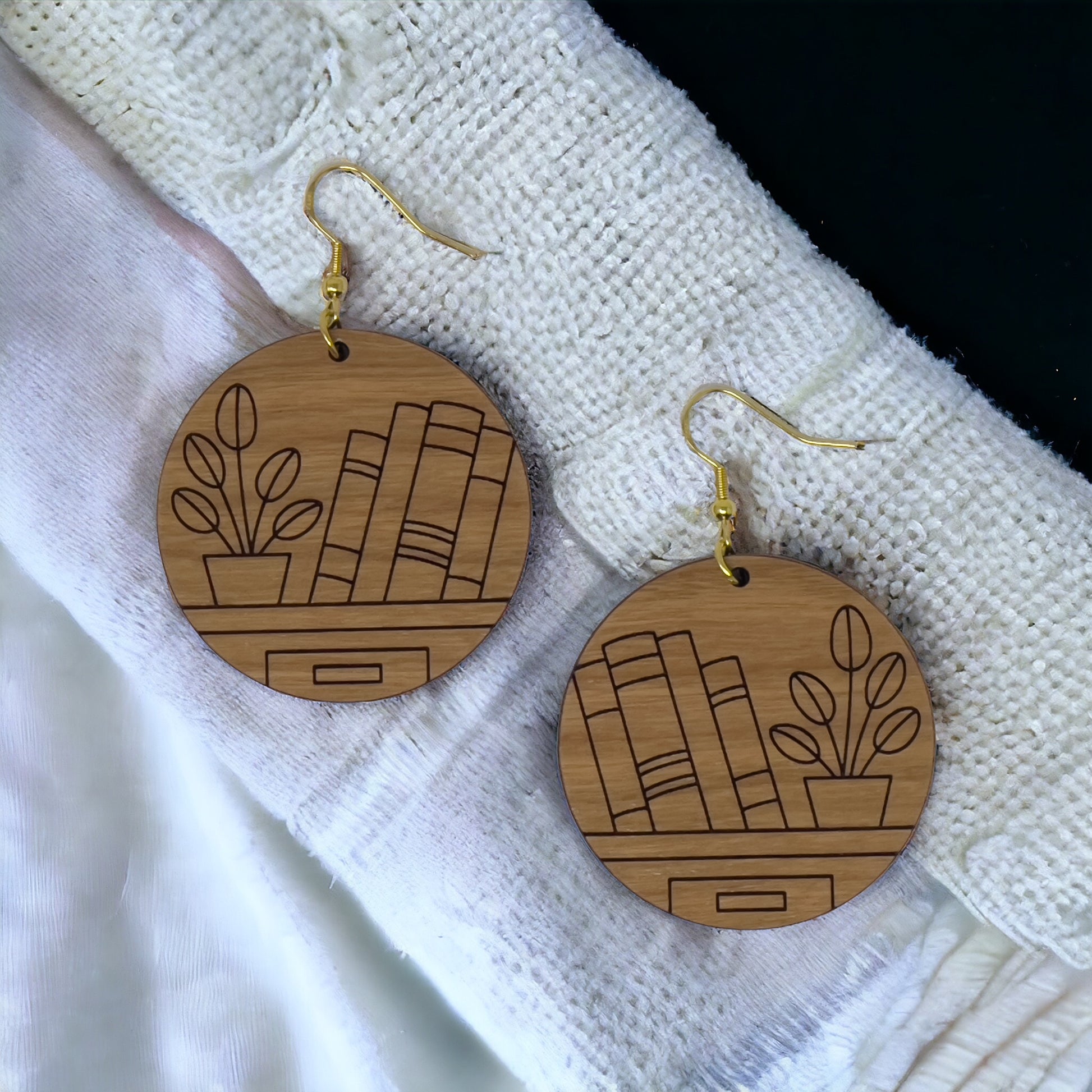 Bookshelf Wood Earrings – Boho Cottagecore Statement Jewelry