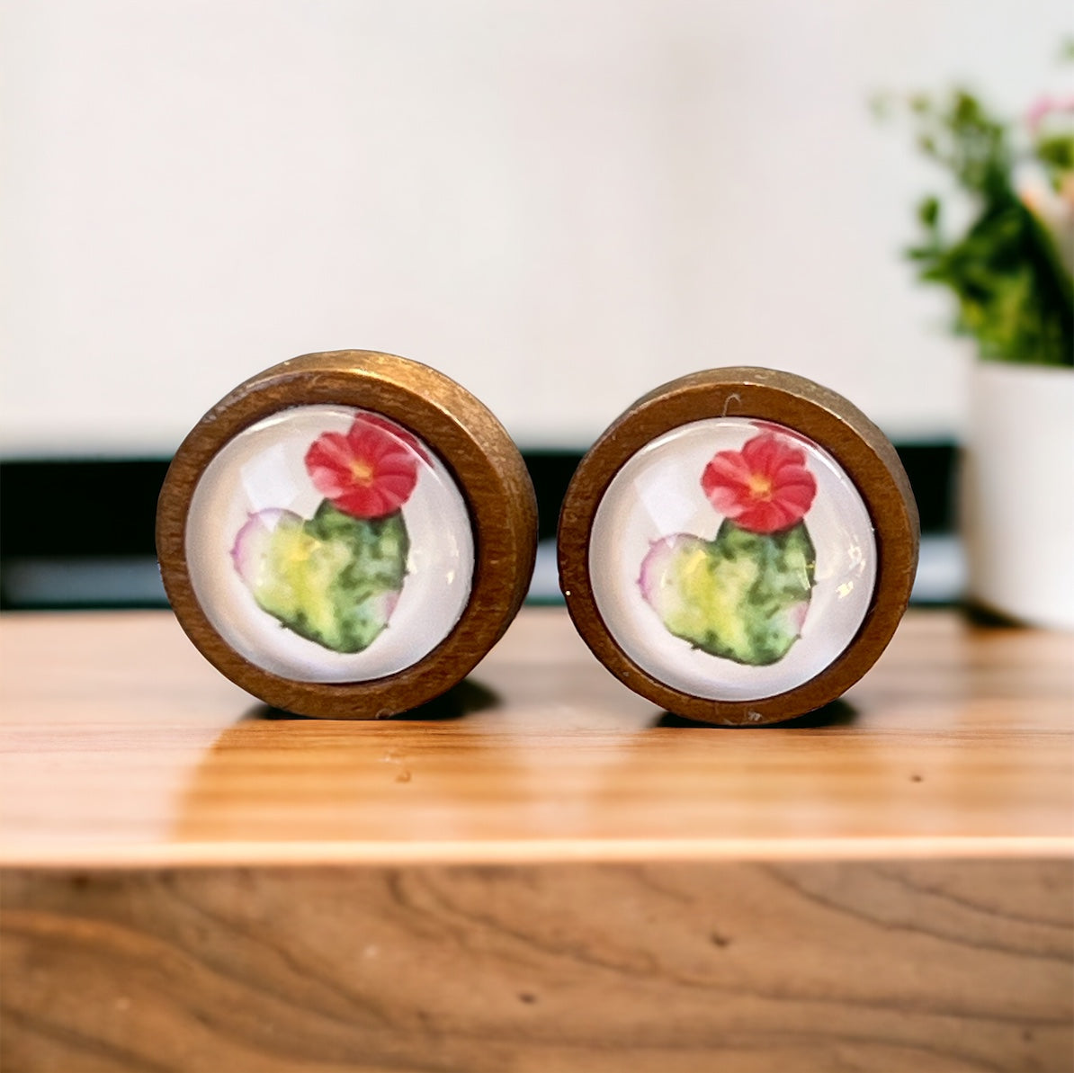 Cactus Bloom Stud Earrings – Wooden Desert-Inspired Jewelry
