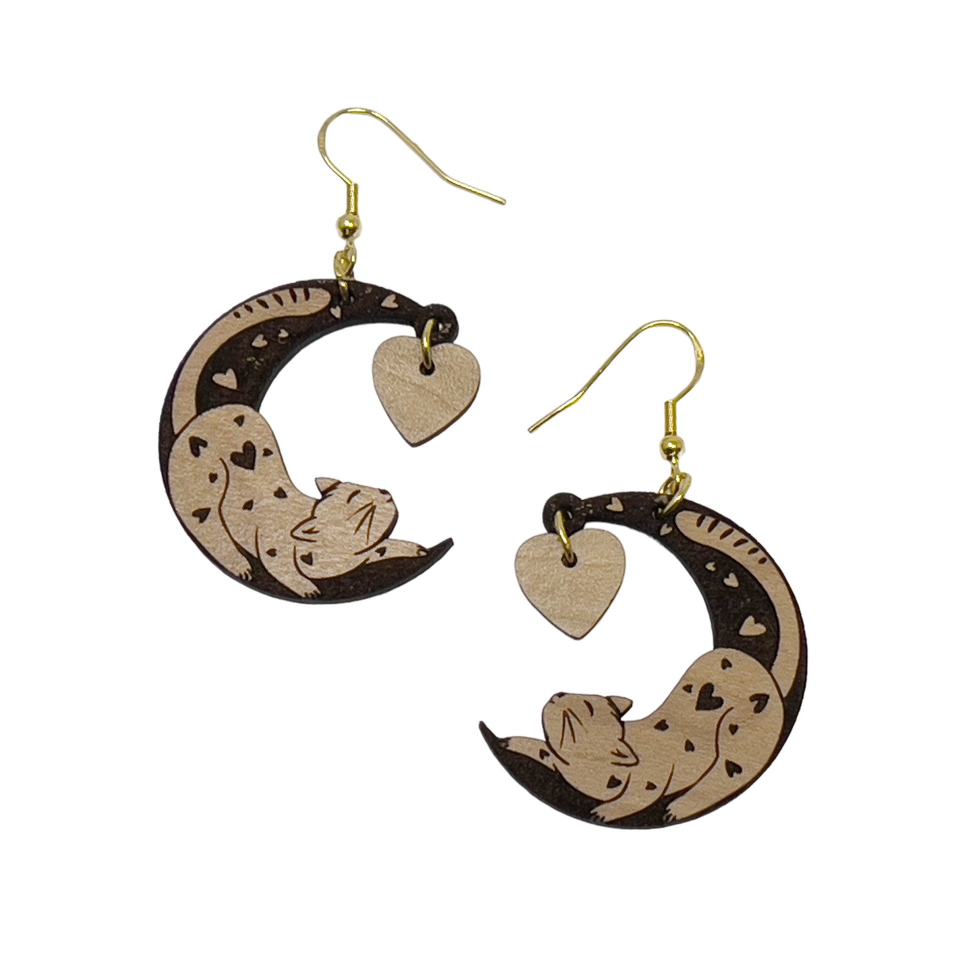 Customizable Valentines Wood Crescent Moon Cat Heart Earrings, Personalized Handcrafted Dangle Earrings, Cute Gifts for Cat Lover Girlfriend