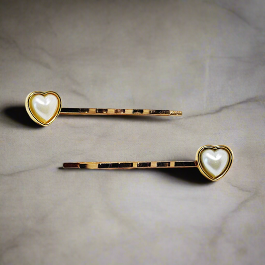 White Pearl Heart Hair Pins - Romantic Gold Bobby Pin Set