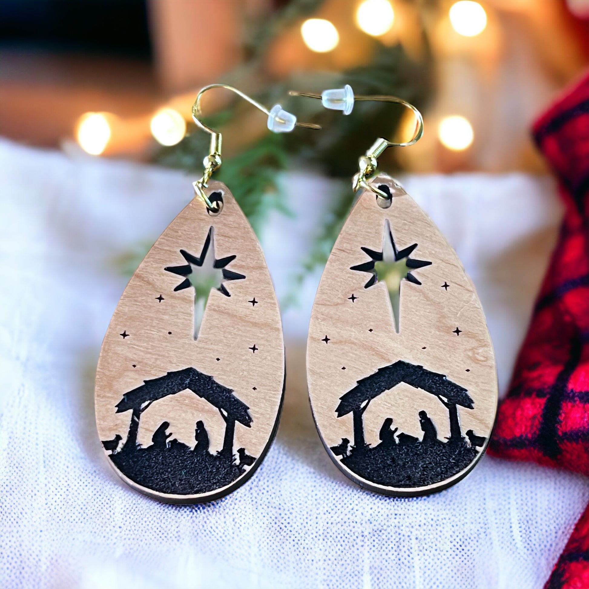 Nativity Earrings, Christmas Jesus Dangle Earrings, Cute Holiday Earrings, Wood Christian Earrings, Country Xmas Jewelry, Rustic Nature Gift