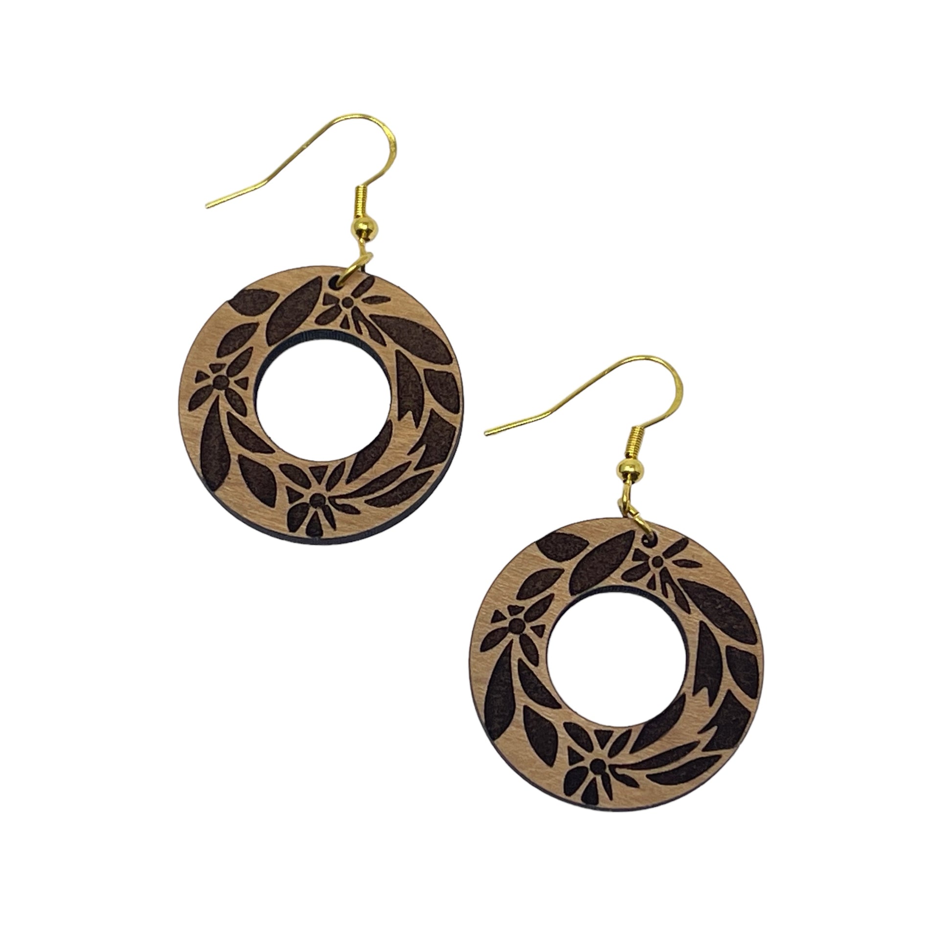 Etched Floral Circle Wood Earrings – Lightweight Boho Botanical Jewelry