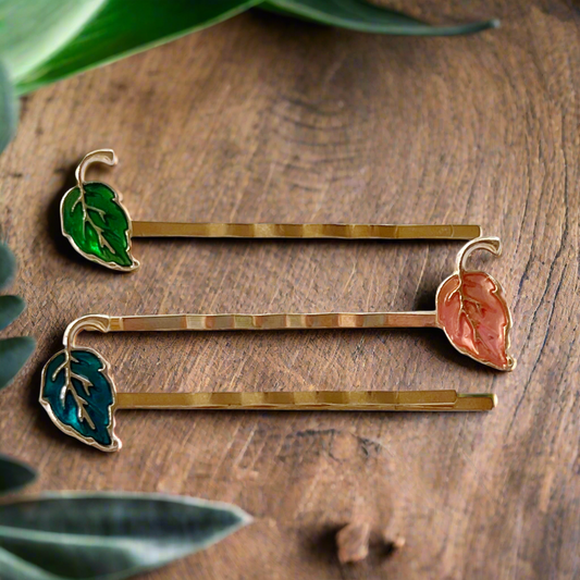 Enamel Leaf Hair Pin Trio – 3-Piece Autumn Hair Clip Set in Fall Colors