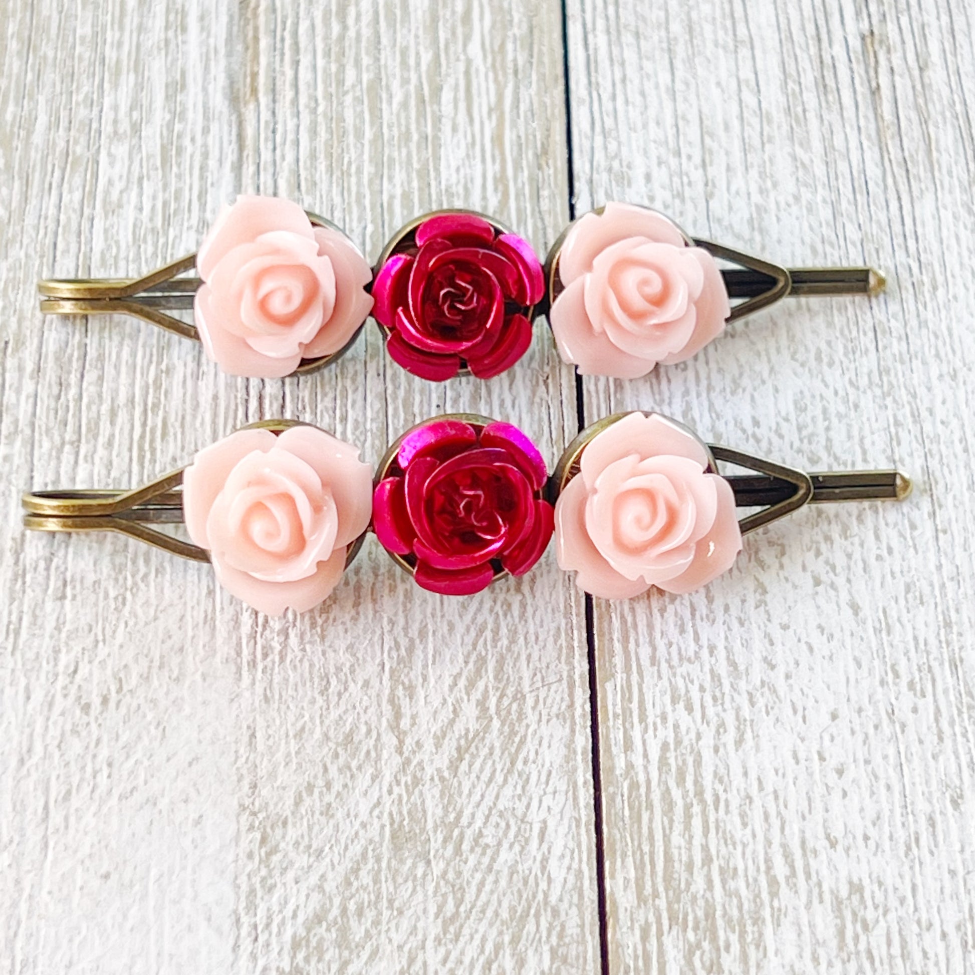 Pink & Red Rose Hair Pins – Vintage-Inspired Floral Bobby Pin Set