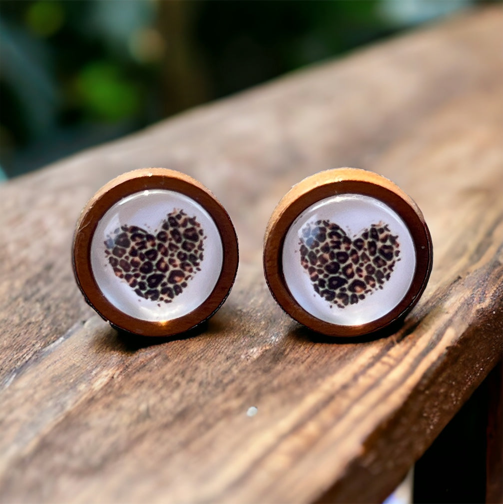 Wooden Leopard Print Heart Stud Earrings – Wild & Playful Statement Jewelry
