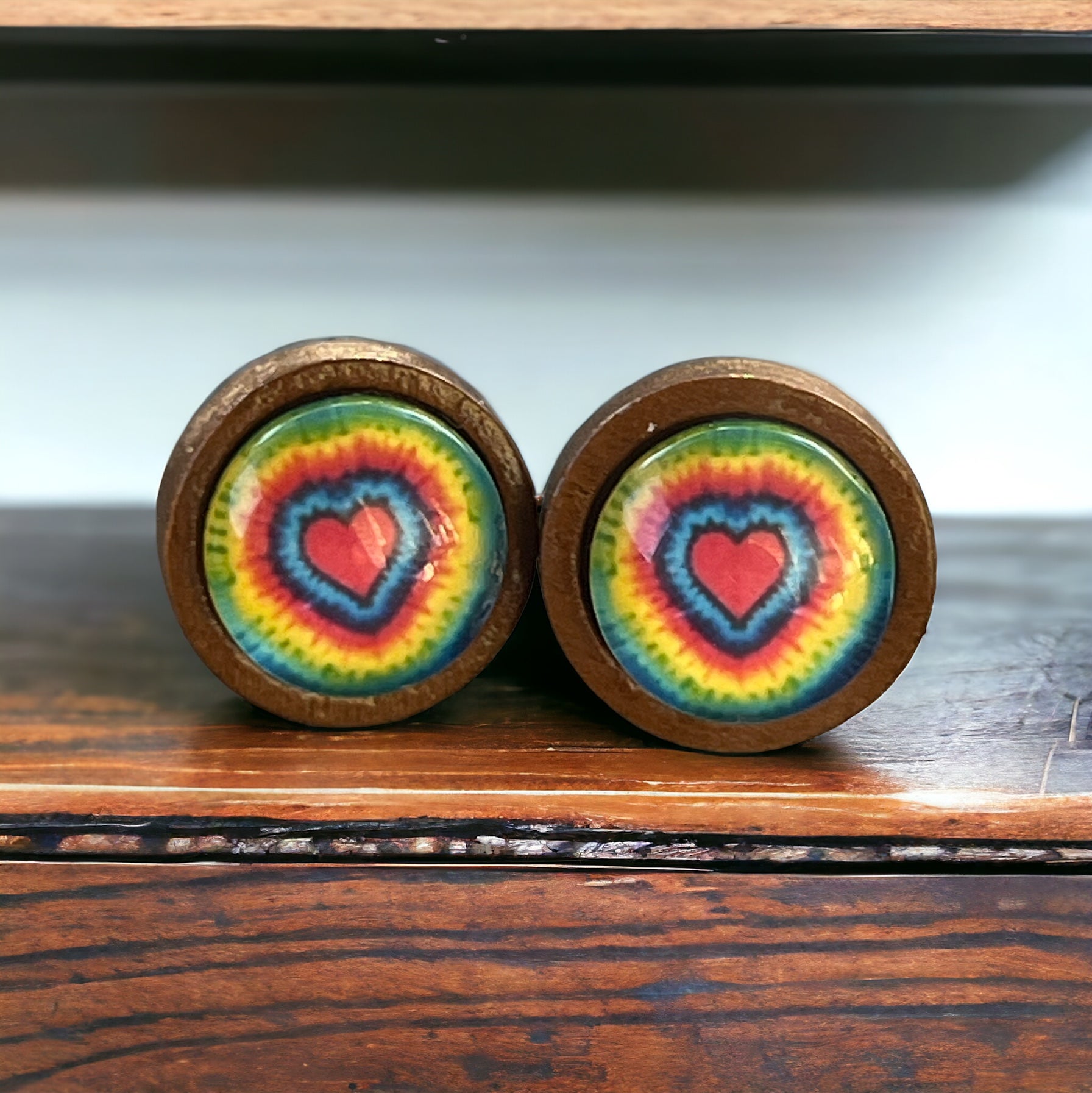 Rainbow Tie-Dye Heart Stud Earrings – Retro Wooden Jewelry