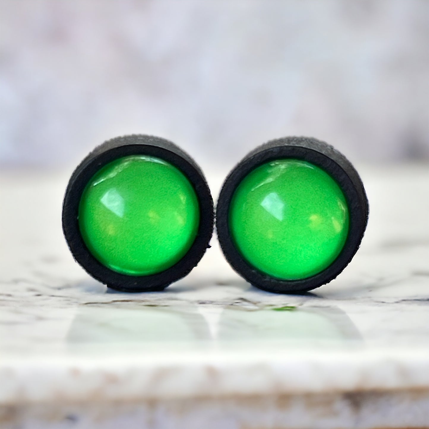 Neon Green Dome Stud Earrings – Bold Black Statement Jewelry