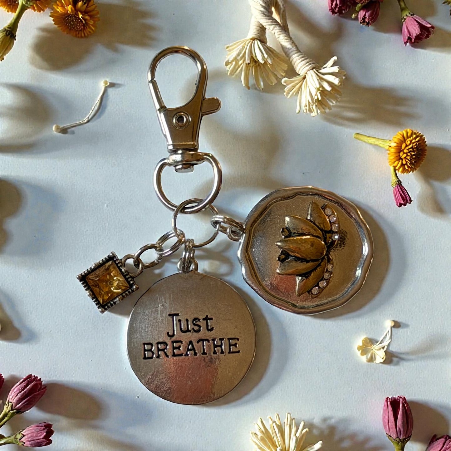 Just Breathe Lotus Purse Charm – Silver Bag Clip Keychain