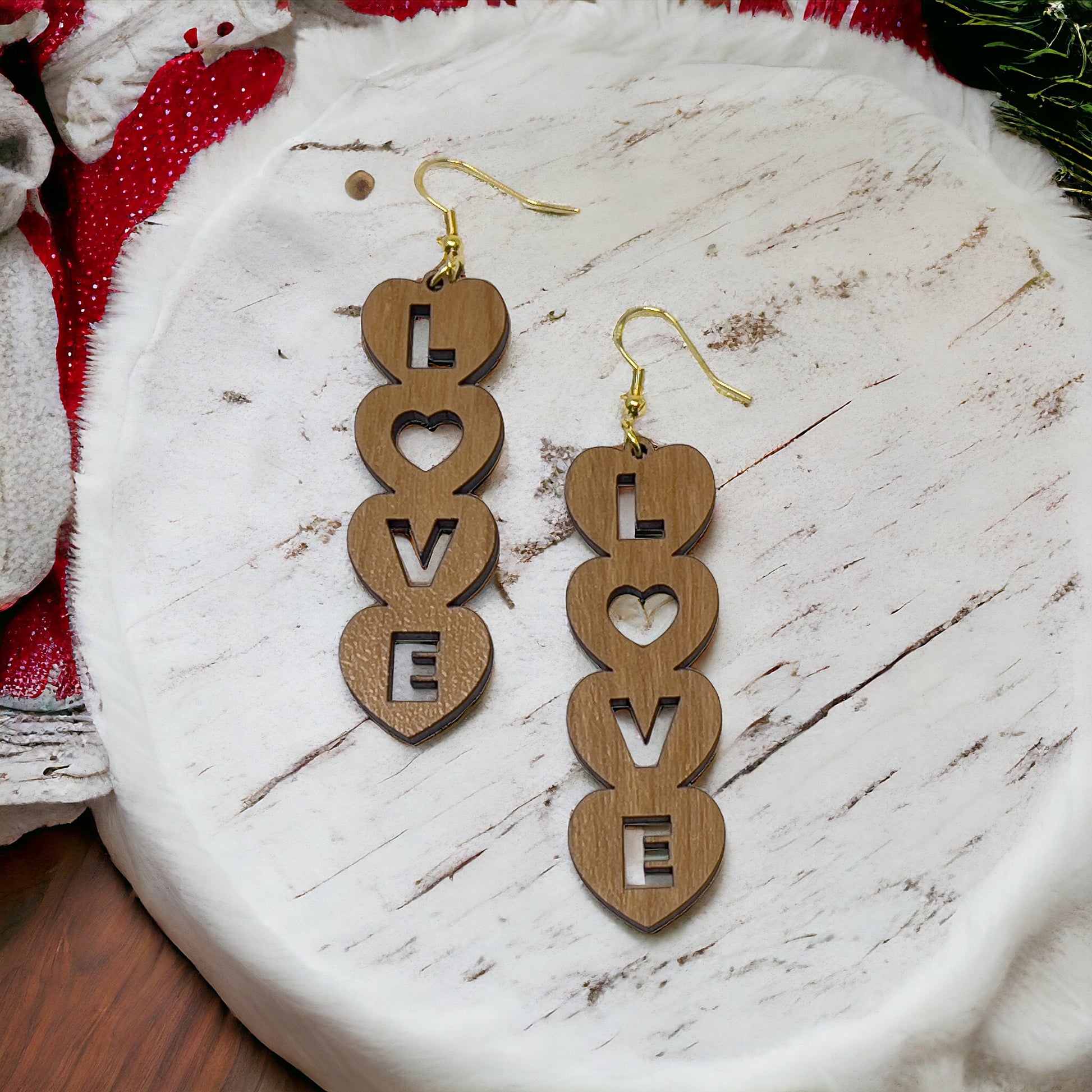 Stacked LOVE Heart Earrings – Bold Wooden Valentine’s Jewelry
