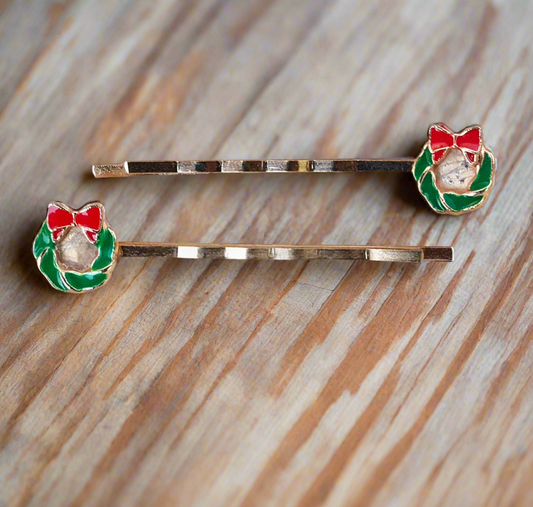 Green Christmas Wreath Hair Pins - Festive Holiday Accessories