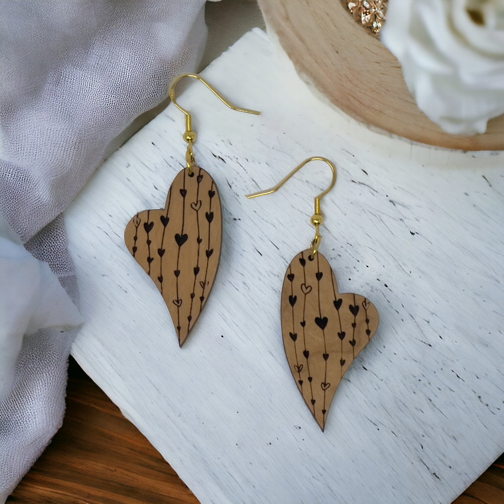Etched Heart Drop Earrings – Asymmetrical Wooden Love Jewelry with Gold Hooks