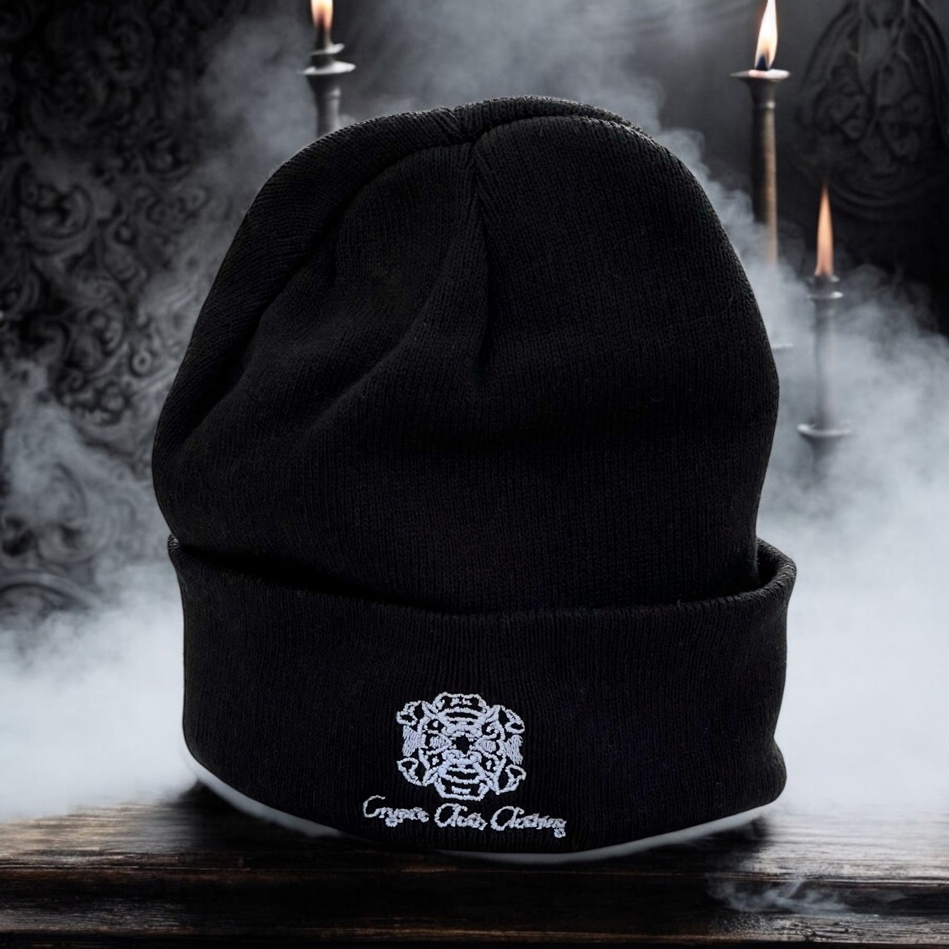 [PREORDER] Embroidered Black Beanie – Hand-Drawn – Demon Skull Streetwear Hat