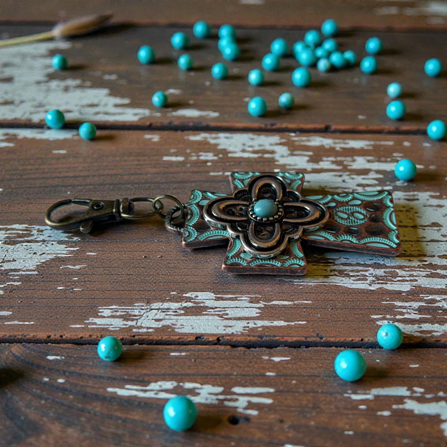 Turquoise Cross Purse Charm – Rustic Western Faith Accessory