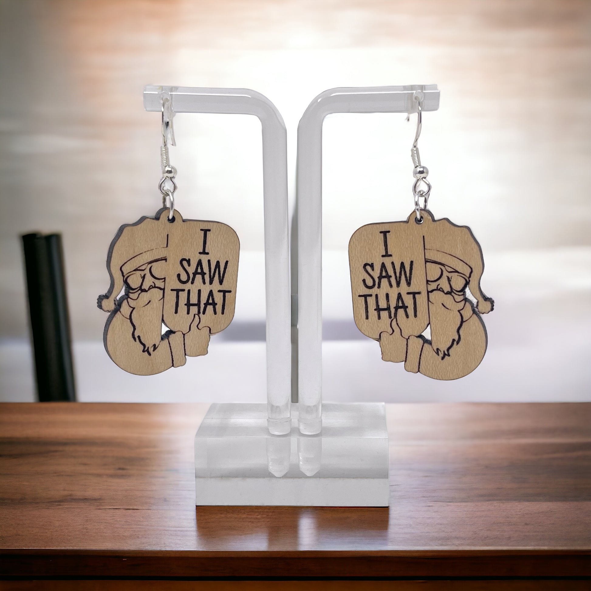 “I Saw That” Santa Earrings – Funny Etched Wood Christmas Jewelry