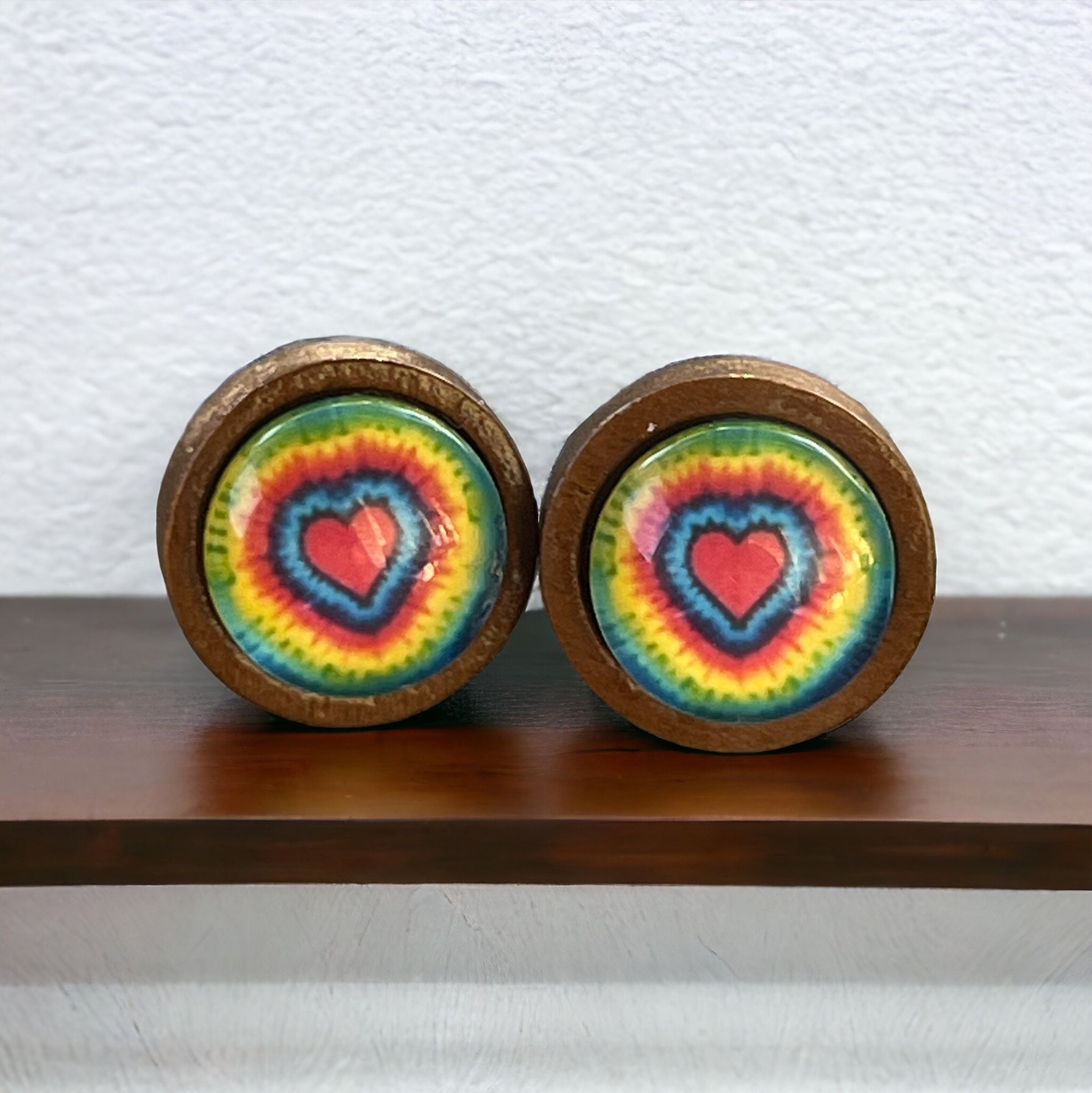 Rainbow Tie-Dye Heart Stud Earrings – Retro Wooden Jewelry