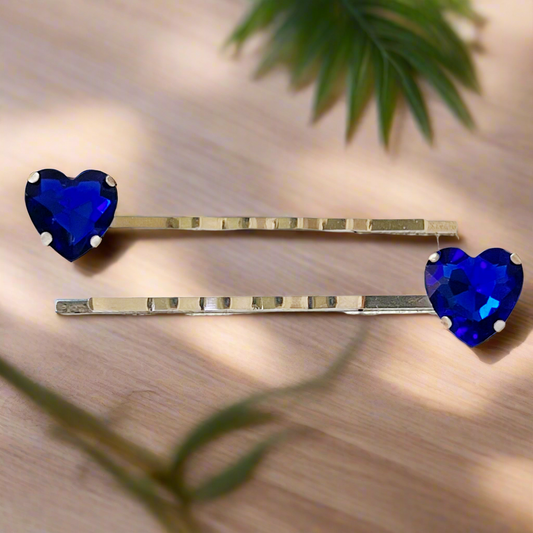 Blue Rhinestone Heart Hair Pins - Elegant Rhinestone Accessories