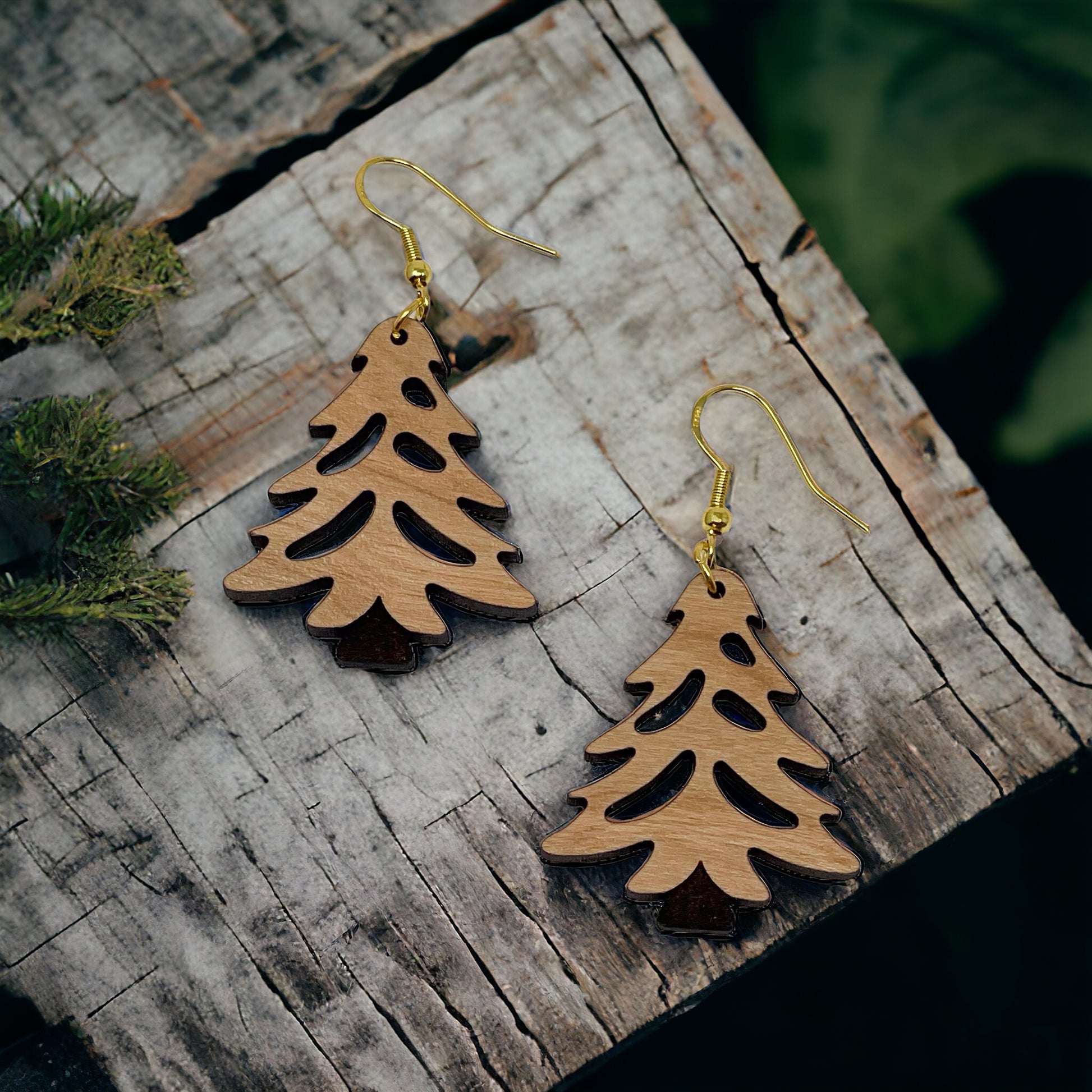 Rustic Tree Cutout Earrings – Wooden Christmas Tree Dangle Earrings