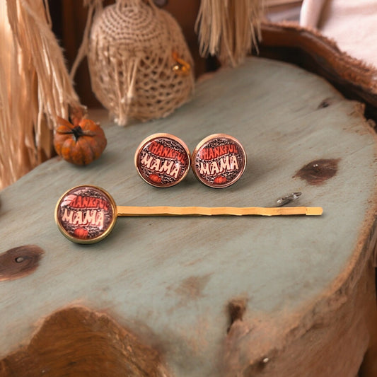 Thankful Mama Fall Thanksgiving Gold Hair Pin & Earring Set