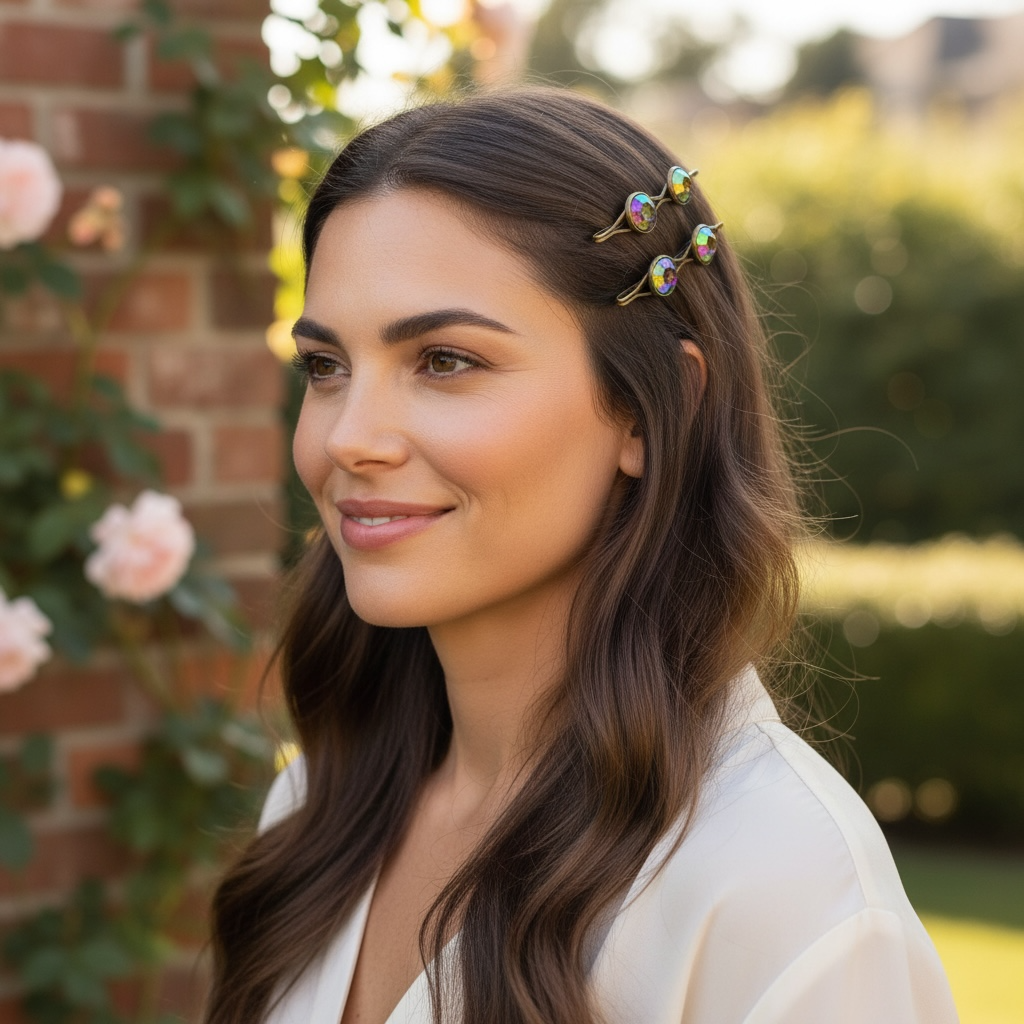 Rainbow Iridescent Bronze Hair Pins – Gem Bobby Pin Set for Women