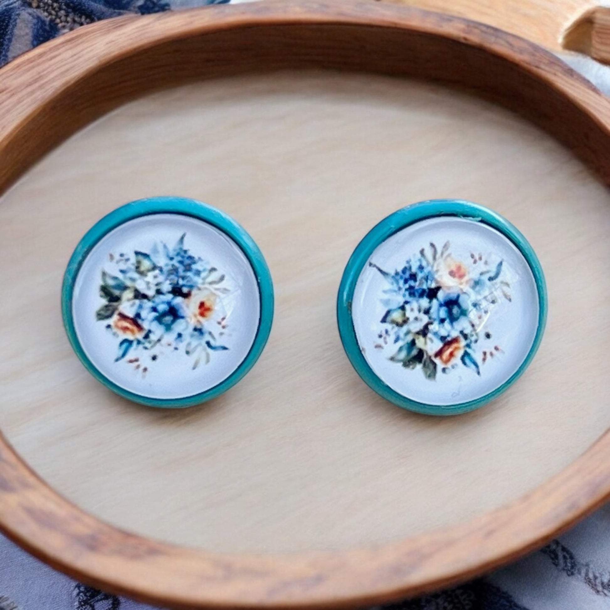 Blue Floral Stud Earrings – Handmade Vintage Cottagecore Jewelry