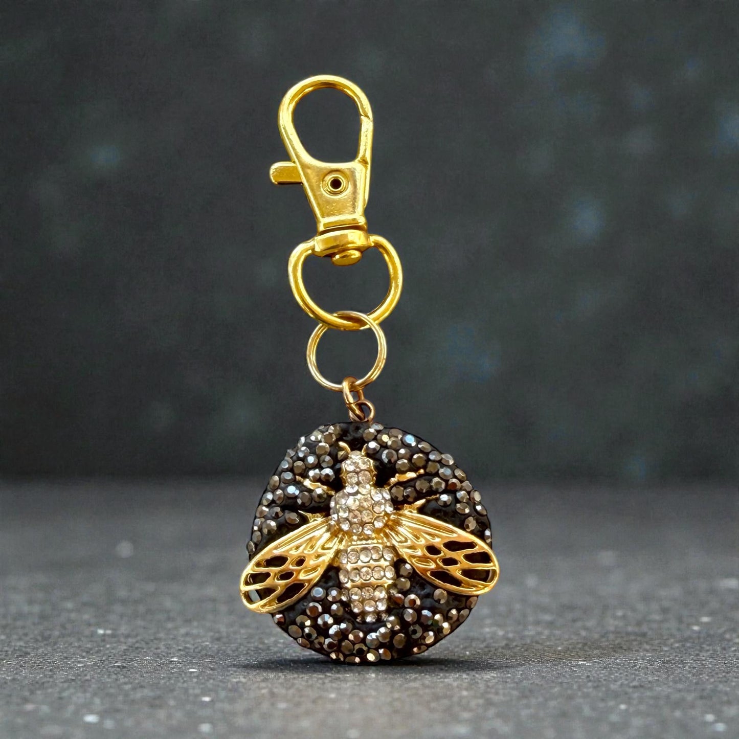 Black Druzy Bee Purse Charm – Gold Sparkle Rhinestone Keychain
