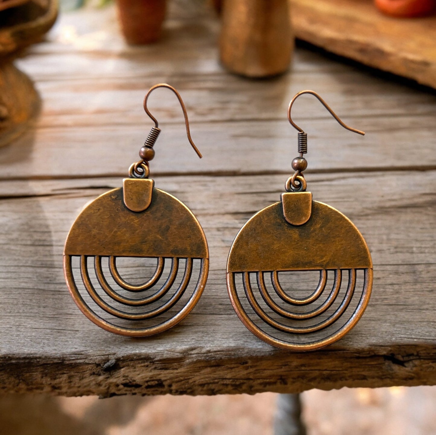 Geometric Copper Dangle Earrings – Boho Chic Round Design