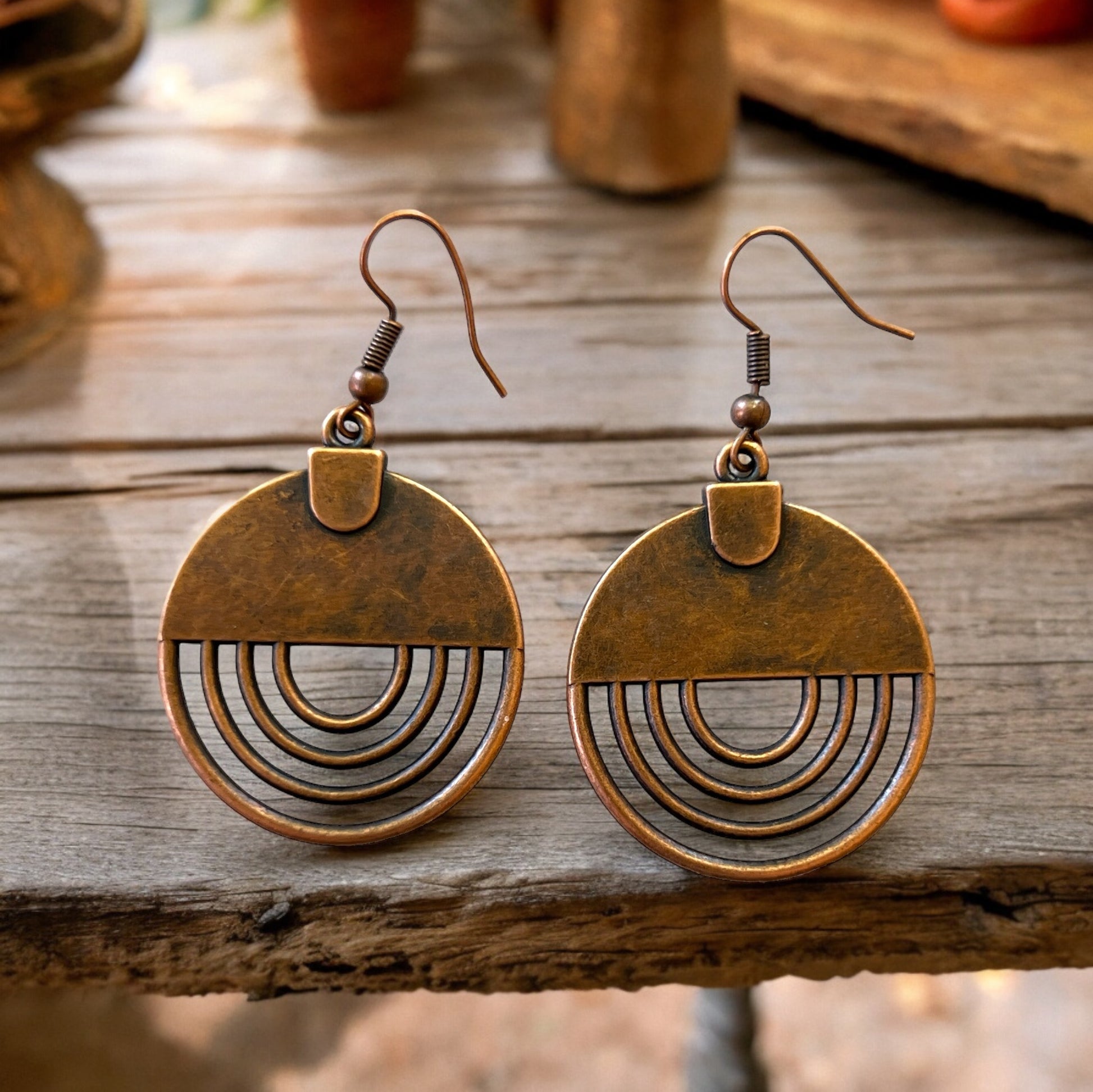 Geometric Copper Dangle Earrings – Boho Chic Round Design