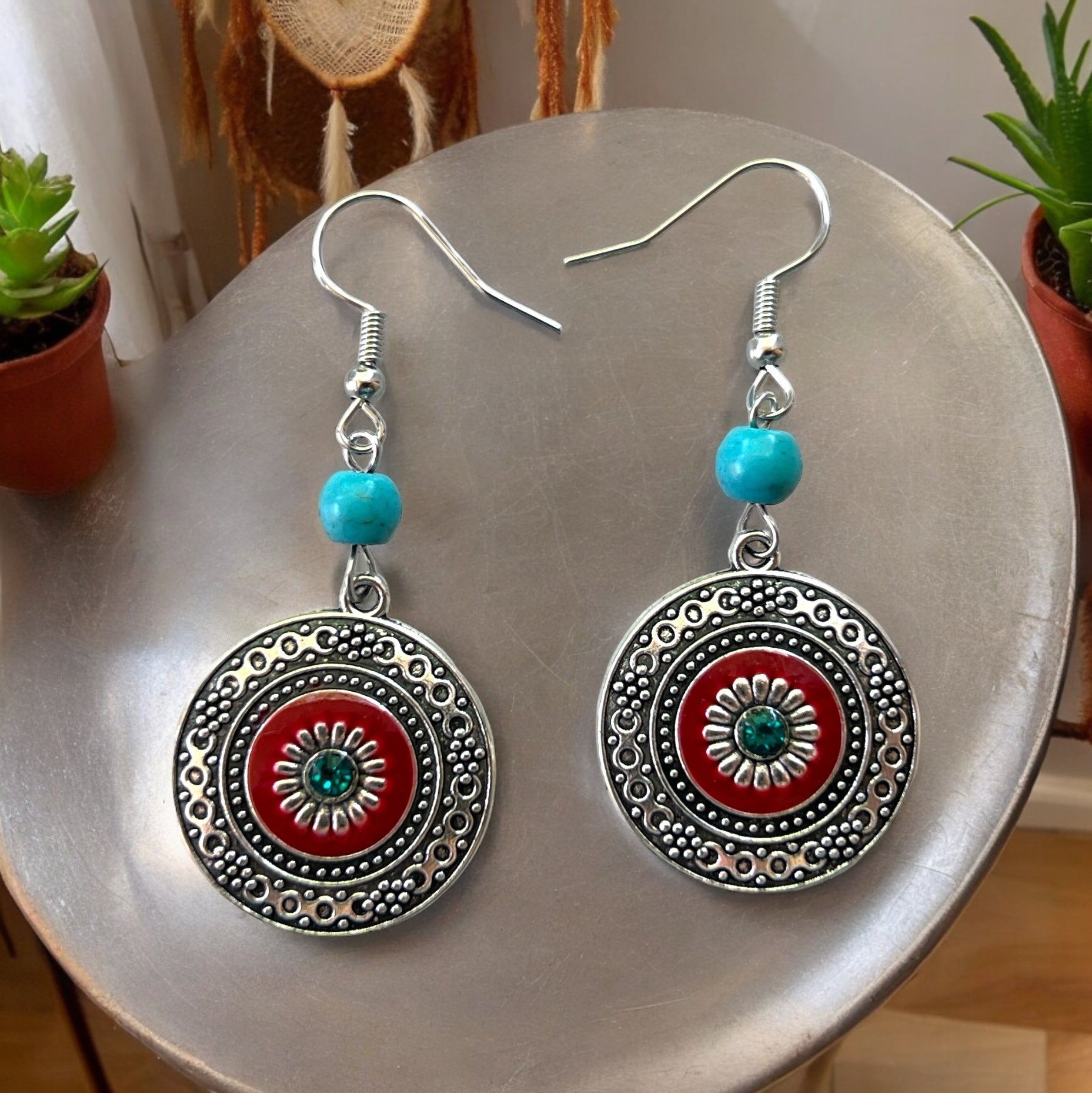 Western Medallion Earrings – Red & Turquoise Boho Dangles