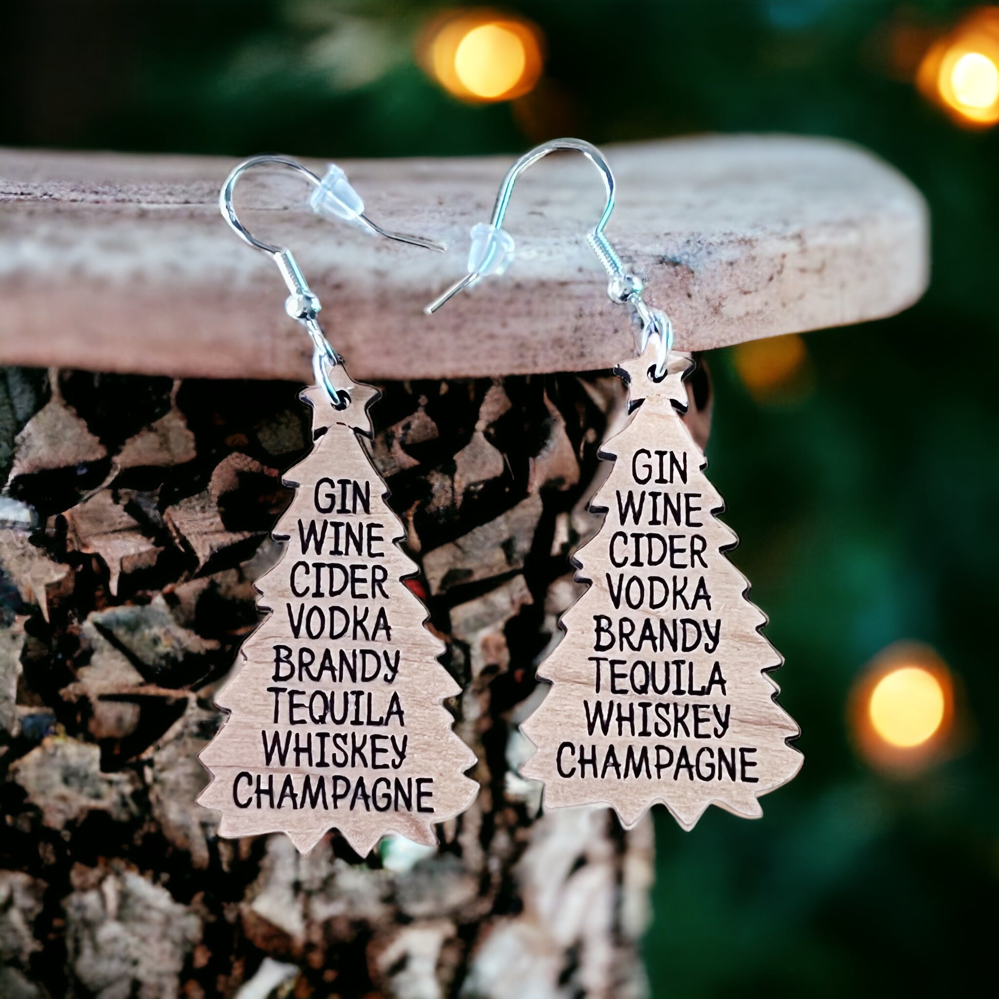 Holiday Drink List Tree Earrings – Funny Wooden Christmas Jewelry