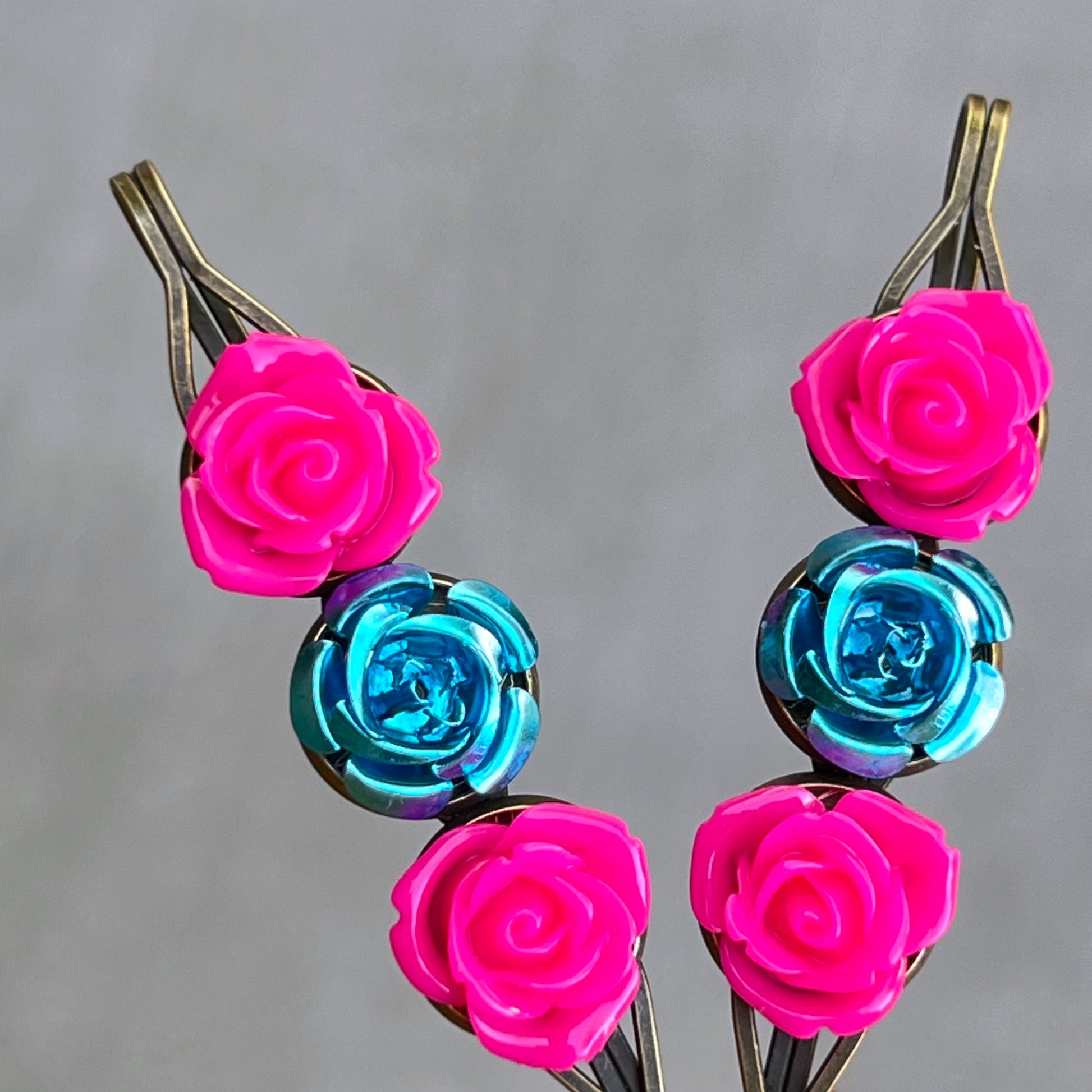 Hot Pink & Teal Rose Hair Pins – Bold Floral Hair Clips with Metallic Accent