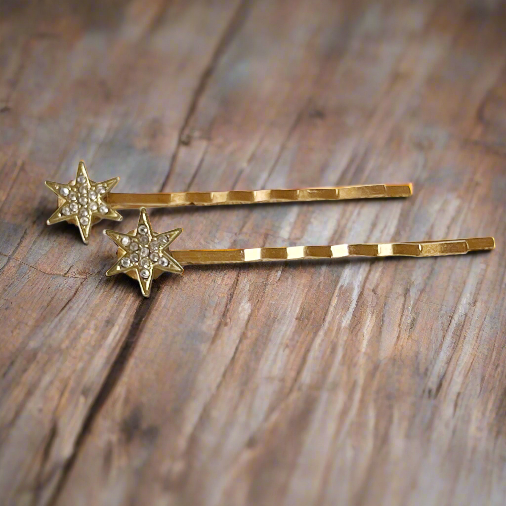 Gold Star Hair Pins – Sparkly Rhinestone Holiday Hair Clips for Christmas or NYE