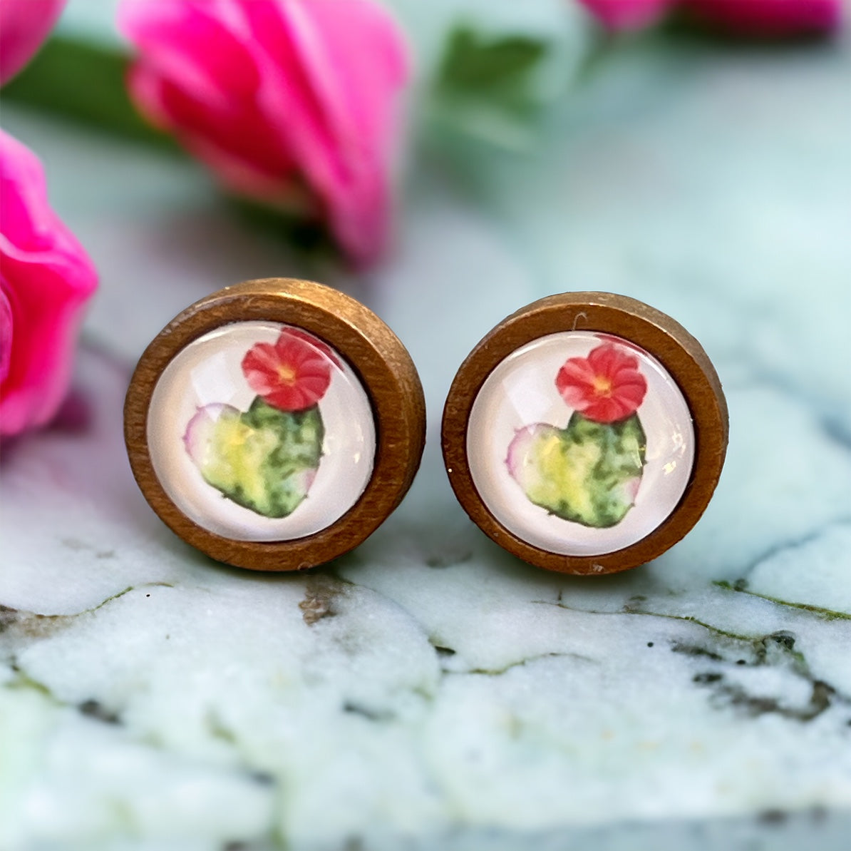 Cactus Bloom Stud Earrings – Wooden Desert-Inspired Jewelry